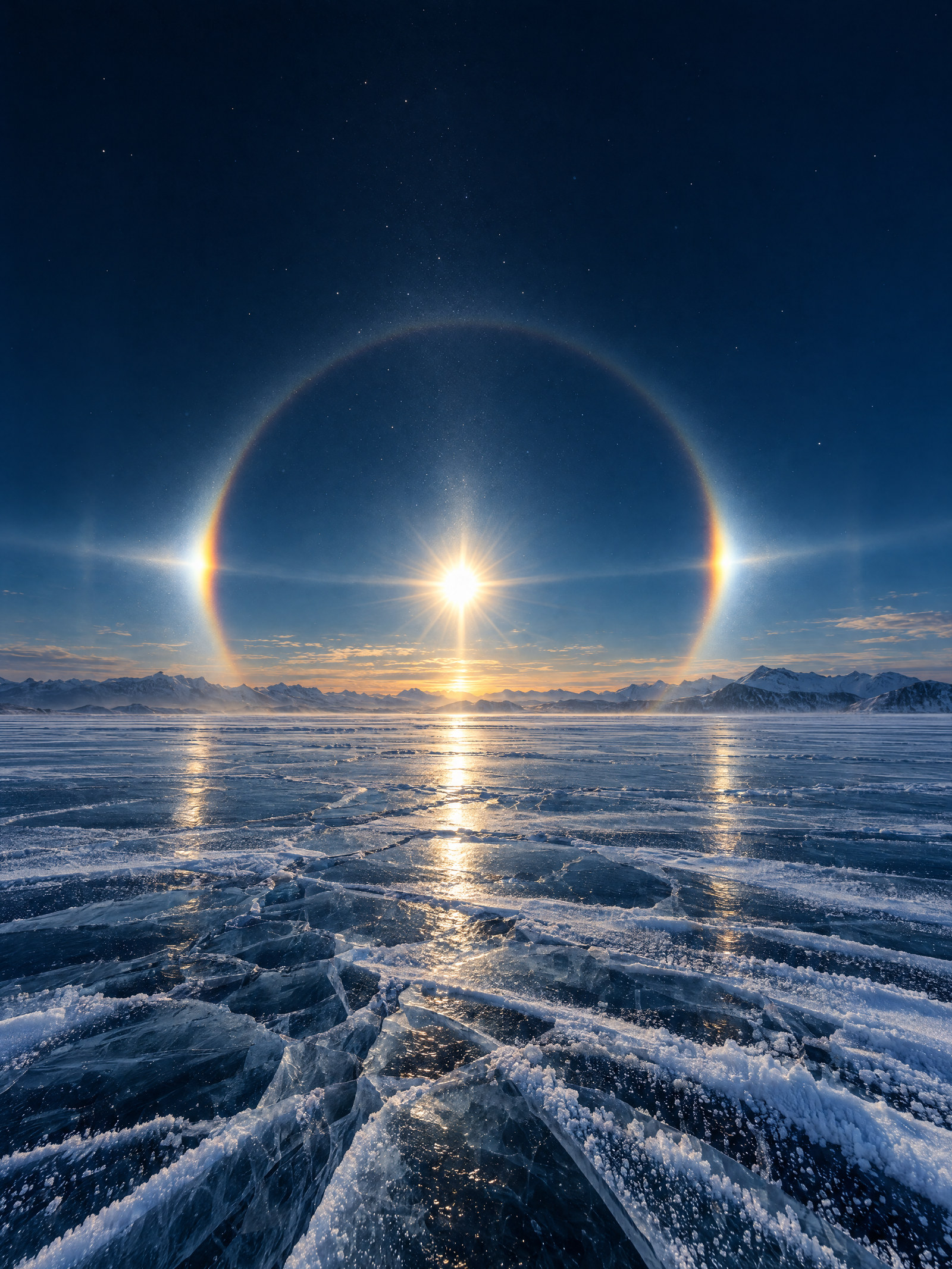 A sun inside a halo, with two more suns shining beside it, over a frozen lake at dusk